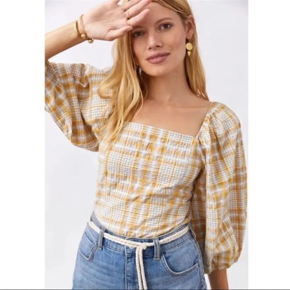 Anthropologie Maeve Plaid Square-Neck Blouse NEW Size Small